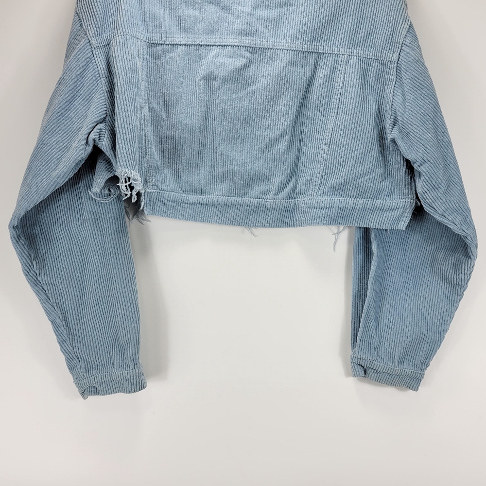 12th Tribe Cropped Corduroy Button Jacket Raw Hem Womens Small S Blue Trucker - Picture 9 of 10